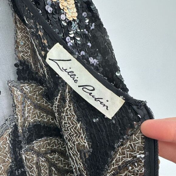 Lillie Rubin Women’s Black Cream All Over Sequin Leaf Illusion Neck Mini Dress - Picture 5 of 16